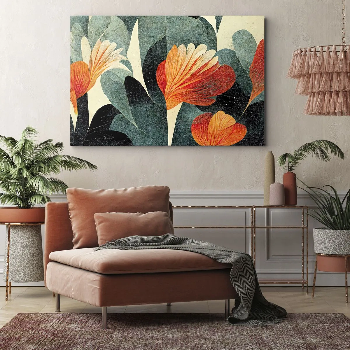 Obraz na płótnie - Kwiaty w intensywnych odcieniach pomarańczu i zieleni - 70x50cm - Żar tropików i chłód zieleni - Nowoczesna dekoracja ścienna do salonu i sypialni ARTTOR