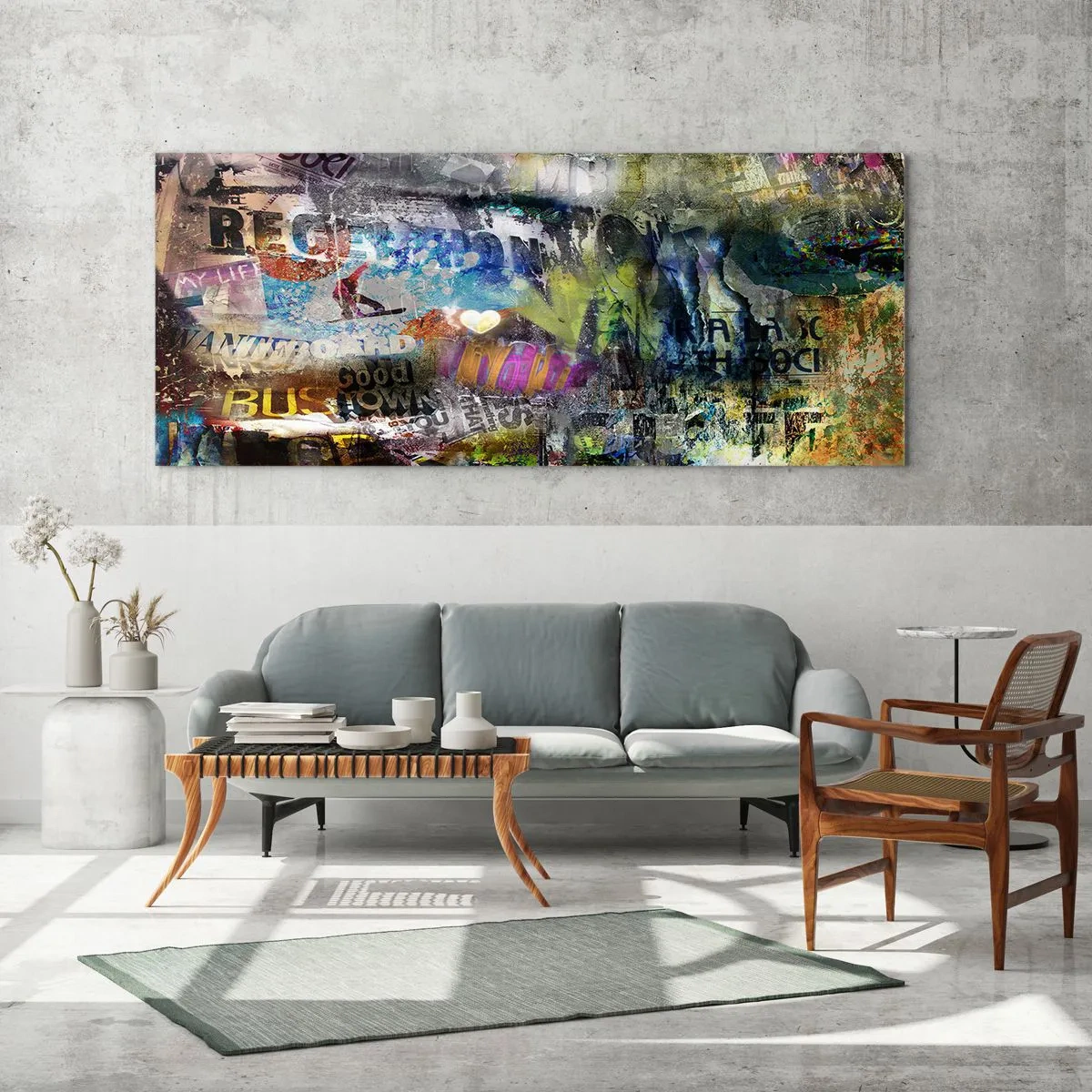 Obraz na szkle - Abstrakcyjny kolaż z tekstami i różnorodnymi kolorami - 140x50cm - Kolaż wspomnień - Nowoczesna dekoracja ścienna do salonu i sypialni ARTTOR