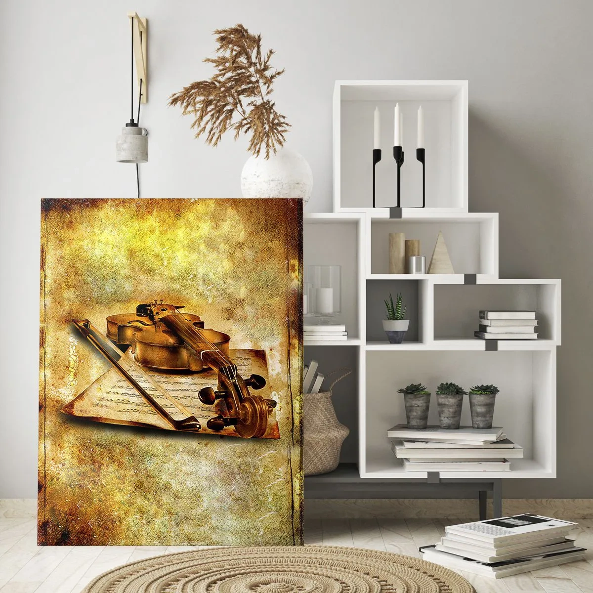Obraz na szkle - Skrzypce z nutami na tle w stylu vintage - 50x70cm - Wirtuoz potrzebny od zaraz - Nowoczesna dekoracja ścienna do salonu, kuchni i sypialni ARTTOR