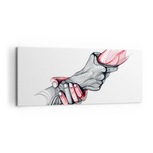 Obraz na płótnie - Artystyczne ręce trzymające się nawzajem w minimalistycznym stylu - 120x50cm - Jesteś w dobrych rękach - Nowoczesna dekoracja ścienna do salonu i sypialni ARTTOR