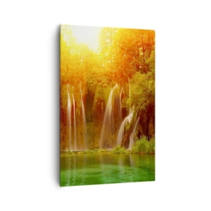 Obraz na płótnie - Wodospady otoczone zielenią w blasku zachodzącego słońca - 80x120cm - W słońcu i w cieniu - Nowoczesna dekoracja ścienna do salonu i sypialni ARTTOR