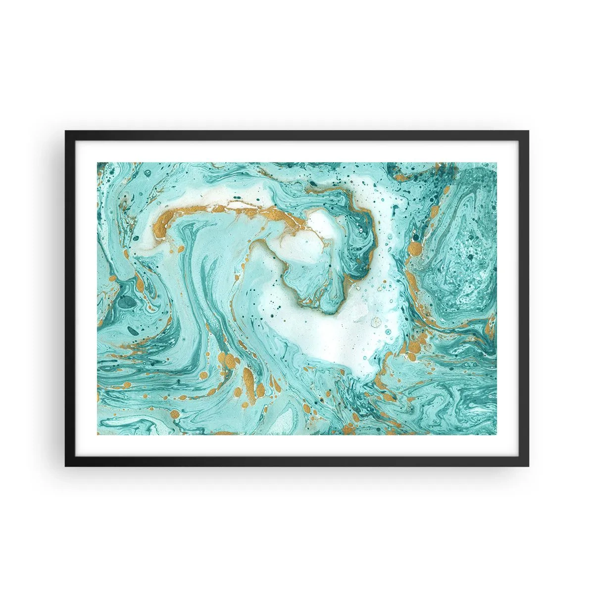 Plakat w czarnej ramie - Turkusowy marmur z akcentami złota w abstrakcyjnej kompozycji - 70x50cm - Pod wielką falą z epoki Edo - Nowoczesna dekoracja ścienna do salonu i sypialni ARTTOR