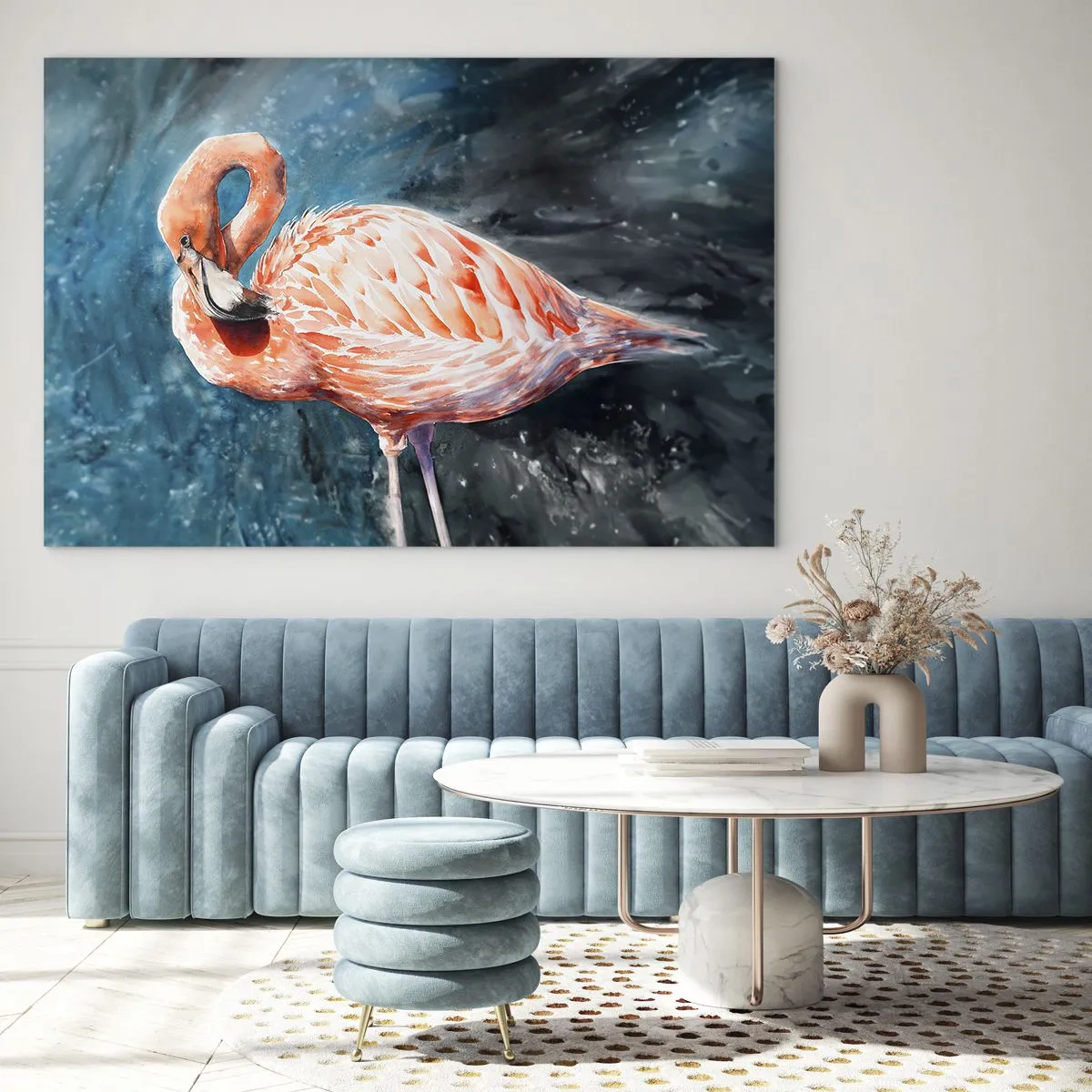 Obraz na szkle - Różowy flaming na tle akwarelowej kompozycji w odcieniach niebieskiego - 70x50cm - Dekoracyjny z natury - Nowoczesna dekoracja ścienna do salonu i sypialni ARTTOR