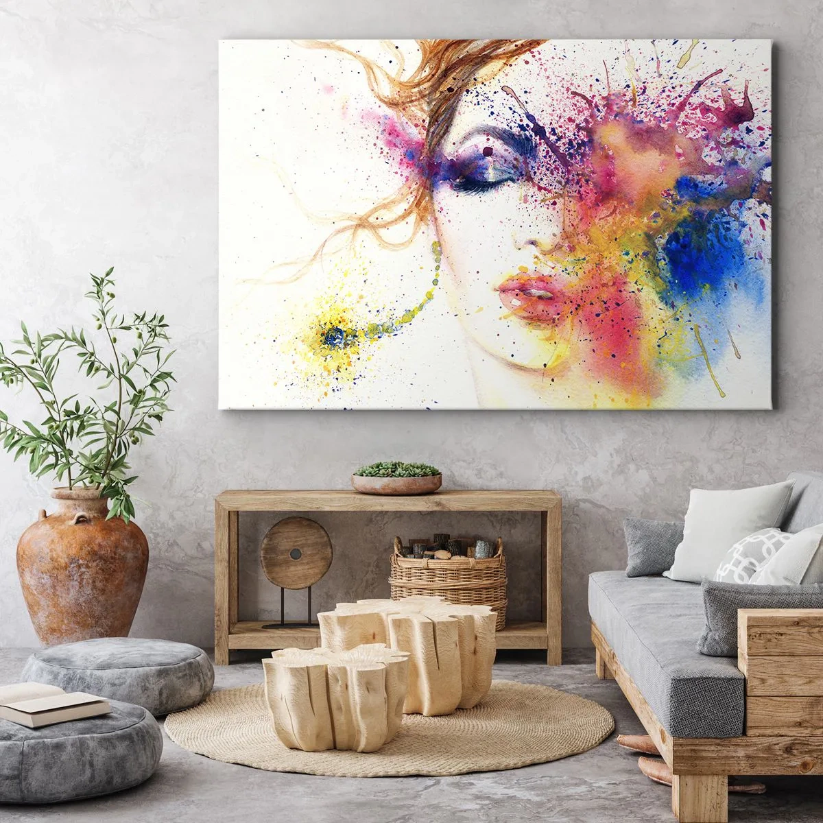 Obraz na płótnie - Artystyczny portret kobiety w akwarelowych barwach pełnych ekspresji - 120x80cm - Tęczowy zawrót głowy - Nowoczesna dekoracja ścienna do salonu, kuchni i sypialni ARTTOR