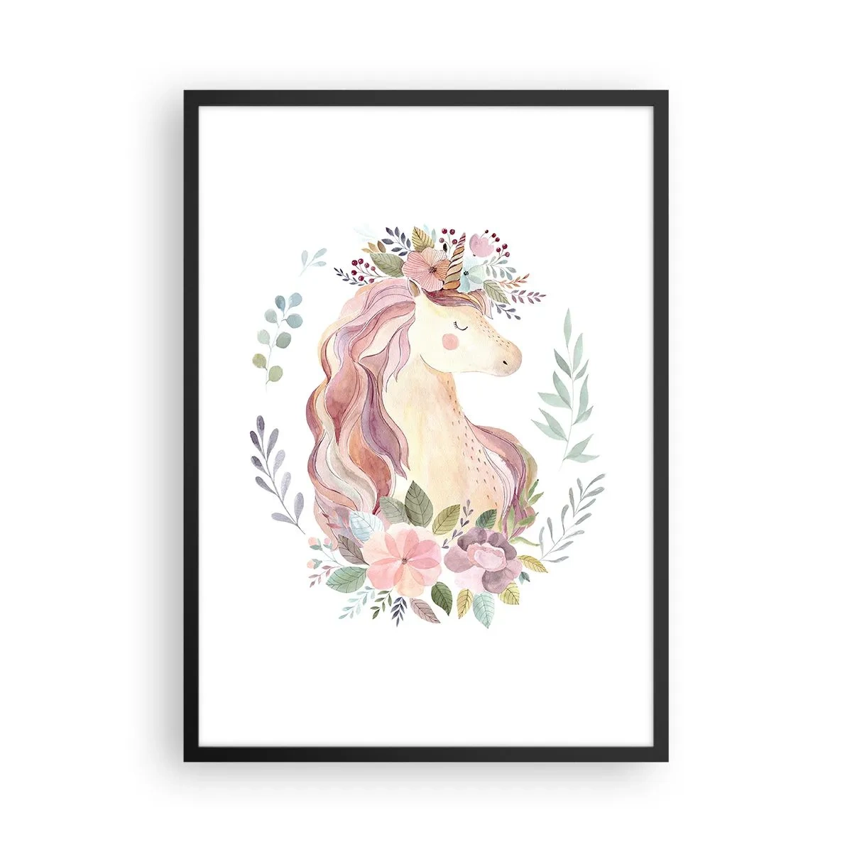 Plakat w czarnej ramie - Akwarelowy jednorożec otoczony pastelowymi kwiatami - 50x70cm - Zaproszenie do świata baśni - Nowoczesna dekoracja ścienna do salonu i sypialni ARTTOR