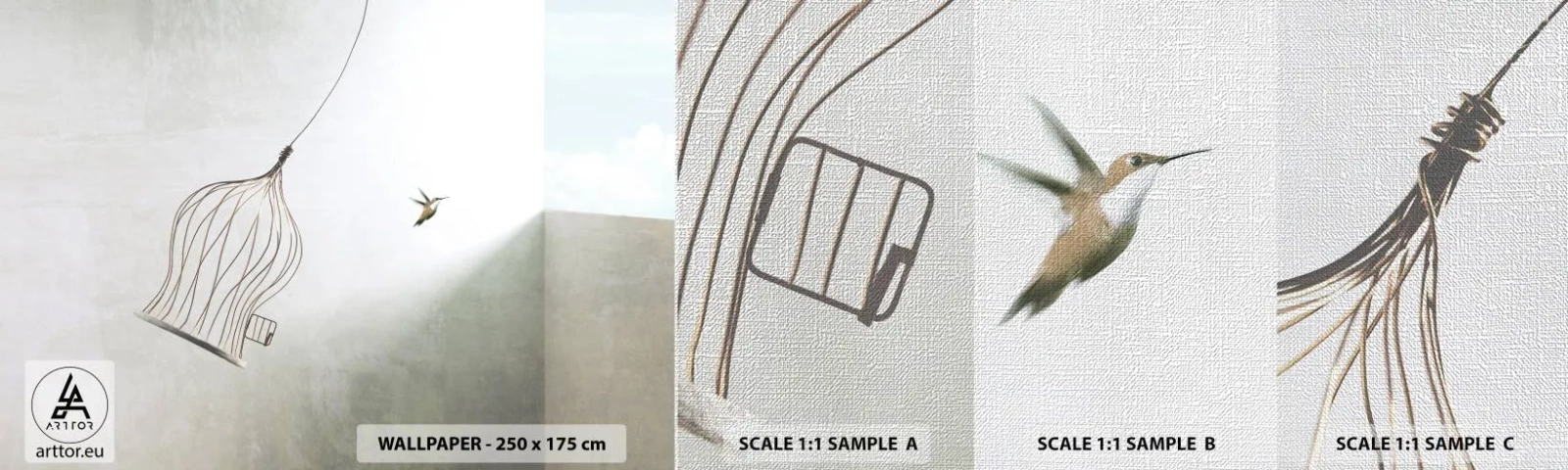 Fototapeta Próbka Premium Canvas - W swoim żywiole - Abstrakcja, Ptak, Klatka Dla Ptaków - 100x30 cm