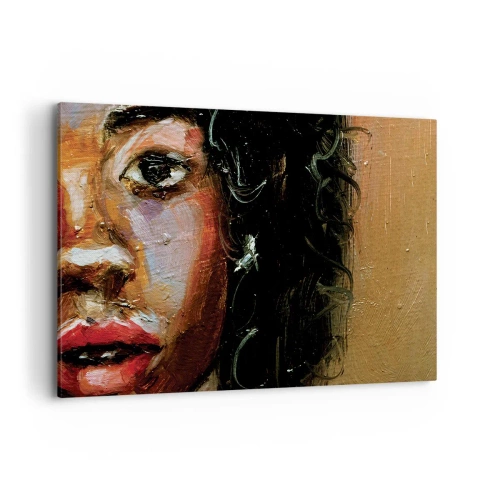 Obraz na płótnie - Ekspresyjny portret kobiety w intensywnych barwach - 100x70cm - Czerń i blask - Nowoczesna dekoracja ścienna do salonu, kuchni i sypialni ARTTOR
