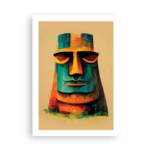 Plakat - Kolorowa interpretacja posągu Moai na beżowym tle - 50x70cm - Posągowy, a sympatyczny - Nowoczesna dekoracja ścienna do salonu, kuchni i sypialni ARTTOR