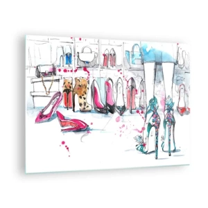 Obraz na szkle - Ilustracja z eleganckimi butami na szpilkach w sklepie - 70x50cm - Sezamie, otwórz się - Nowoczesna dekoracja ścienna do salonu i sypialni ARTTOR