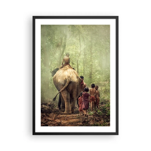 Plakat w czarnej ramie - Dzieci i słoń w lesie tropikalnym - 50x70cm - Nowa Księga Dżungli - Nowoczesna dekoracja ścienna do salonu i sypialni ARTTOR
