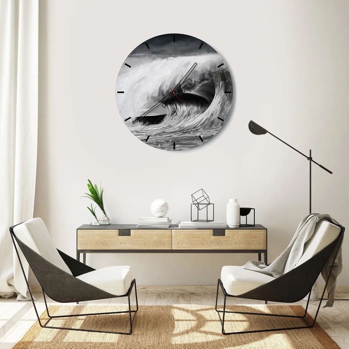 Zegar ścienny - Dynamiczna fala w odcieniach czerni i bieli - 30x30cm - Gniew oceanu - Nowoczesna dekoracja ścienna do salonu, kuchni i sypialni ARTTOR