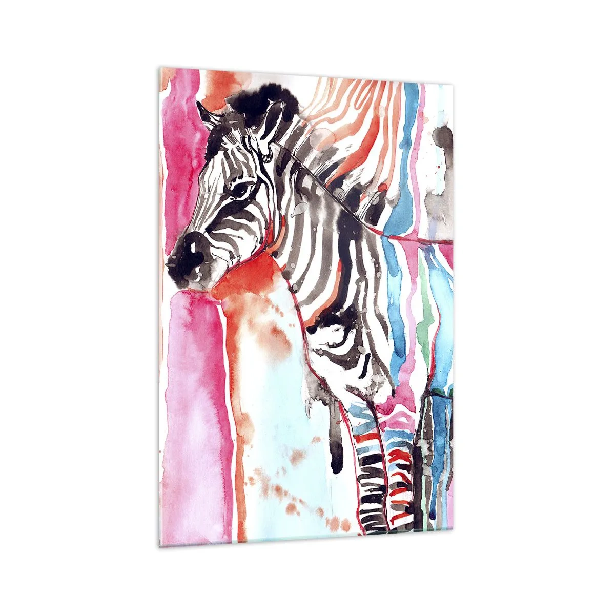 Obraz na szkle - Kolorowa zebra na tle abstrakcyjnych akwarelowych wzorów - 70x100cm - Beztroski żart natury - Nowoczesna dekoracja ścienna do salonu i sypialni ARTTOR