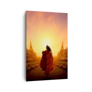 Obraz na płótnie - Mnich wśród świątyń o zachodzie słońca - 80x120cm - W spokoju przez wieczność - Nowoczesna dekoracja ścienna do salonu i sypialni ARTTOR
