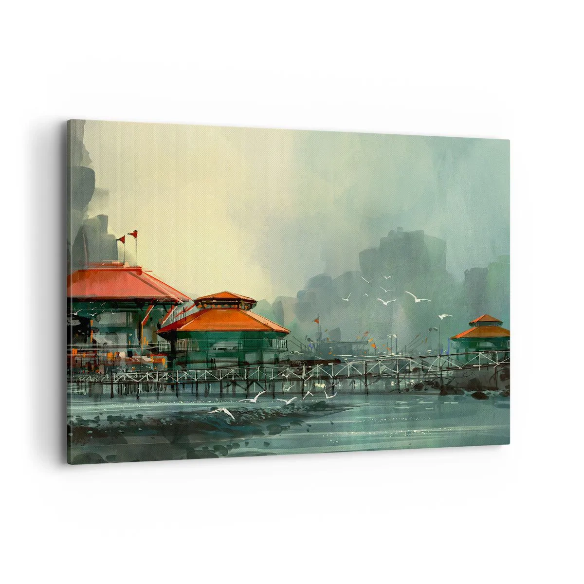 Obraz na płótnie - Portowa zabudowa w deszczowej scenerii z mewami - 100x70cm - Słotny dzień w porcie - Nowoczesna dekoracja ścienna do salonu, kuchni i sypialni ARTTOR