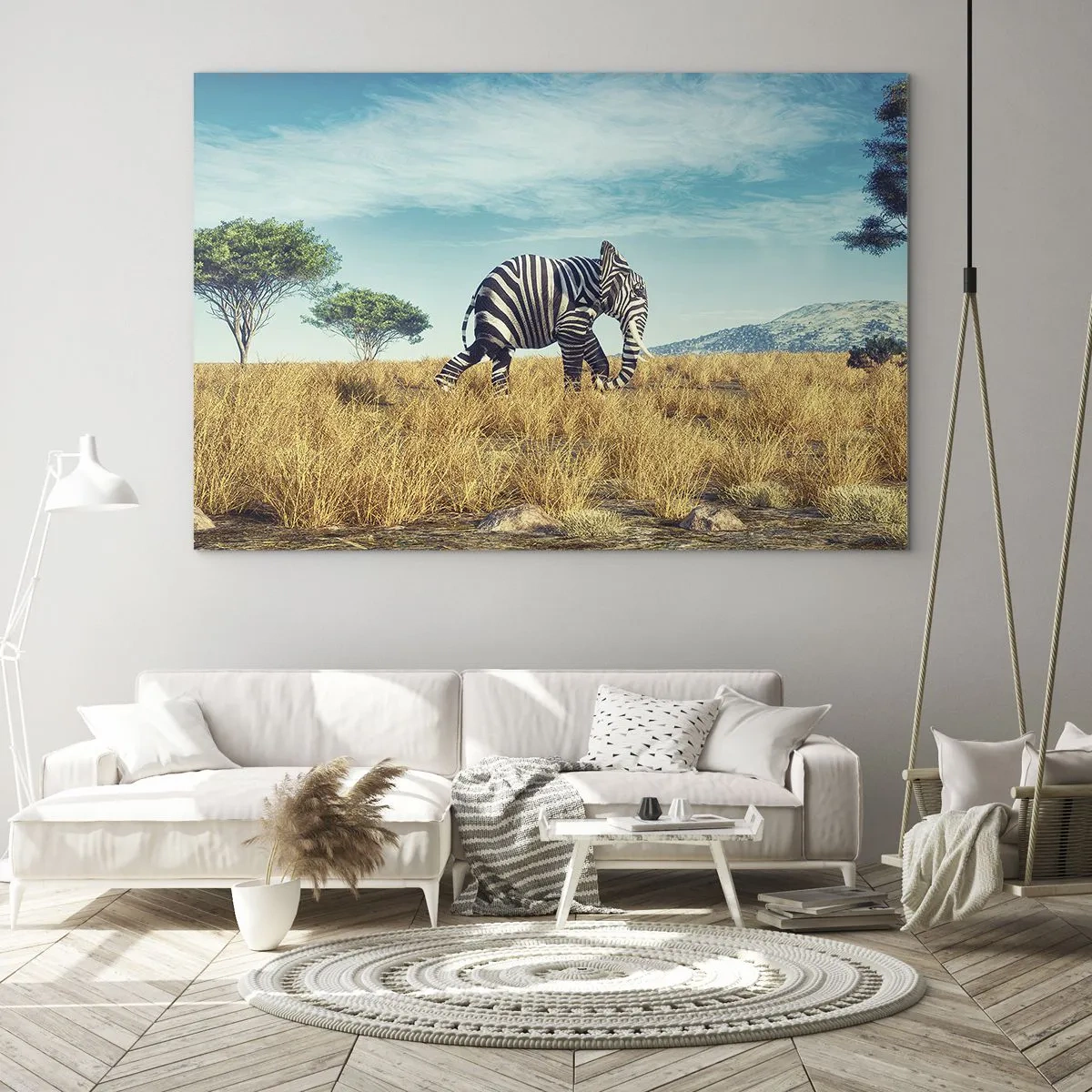 Obraz na szkle - Słoń w paski zebry na sawannie pod niebem - 100x70cm - Szarość już niemodna - Nowoczesna dekoracja ścienna do salonu, kuchni i sypialni ARTTOR
