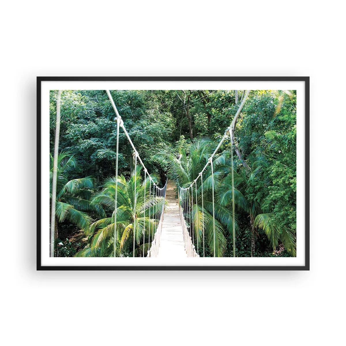 Plakat w czarnej ramie - Wiszący most w tropikalnej dżungli pełnej zieleni - 100x70cm - Welcome to the jungle! - Nowoczesna dekoracja ścienna do salonu i sypialni ARTTOR