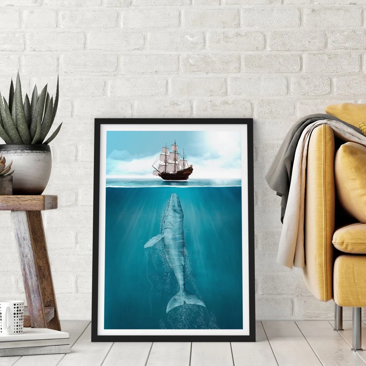 Plakat w czarnej ramie - Statek na powierzchni wody z wielorybem pod nią, w surrealistycznym ujęciu - 50x70cm - Lepiej nie wiedzieć - Nowoczesna dekoracja ścienna do salonu i sypialni ARTTOR