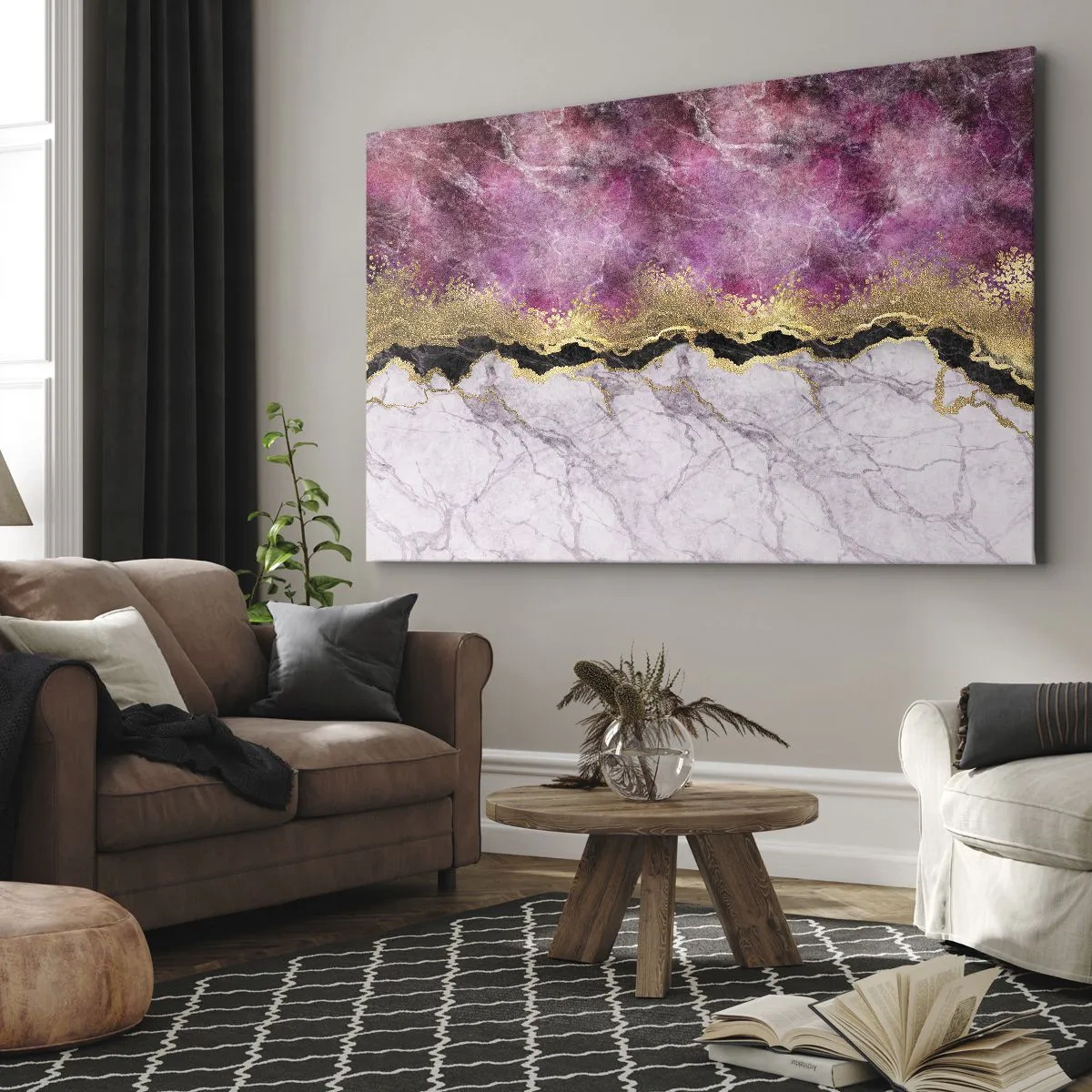 Obraz na płótnie - Abstrakcyjny marmur w odcieniach różu ze złotymi akcentami - 70x50cm - Na granicy - Nowoczesna dekoracja ścienna do salonu i sypialni ARTTOR