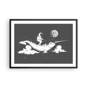 Plakat w czarnej ramie - Astronauta na grzbiecie narwala unoszącego się w kosmicznej scenerii - 70x50cm - Kosmiczny jeździec - Nowoczesna dekoracja ścienna do salonu i sypialni ARTTOR