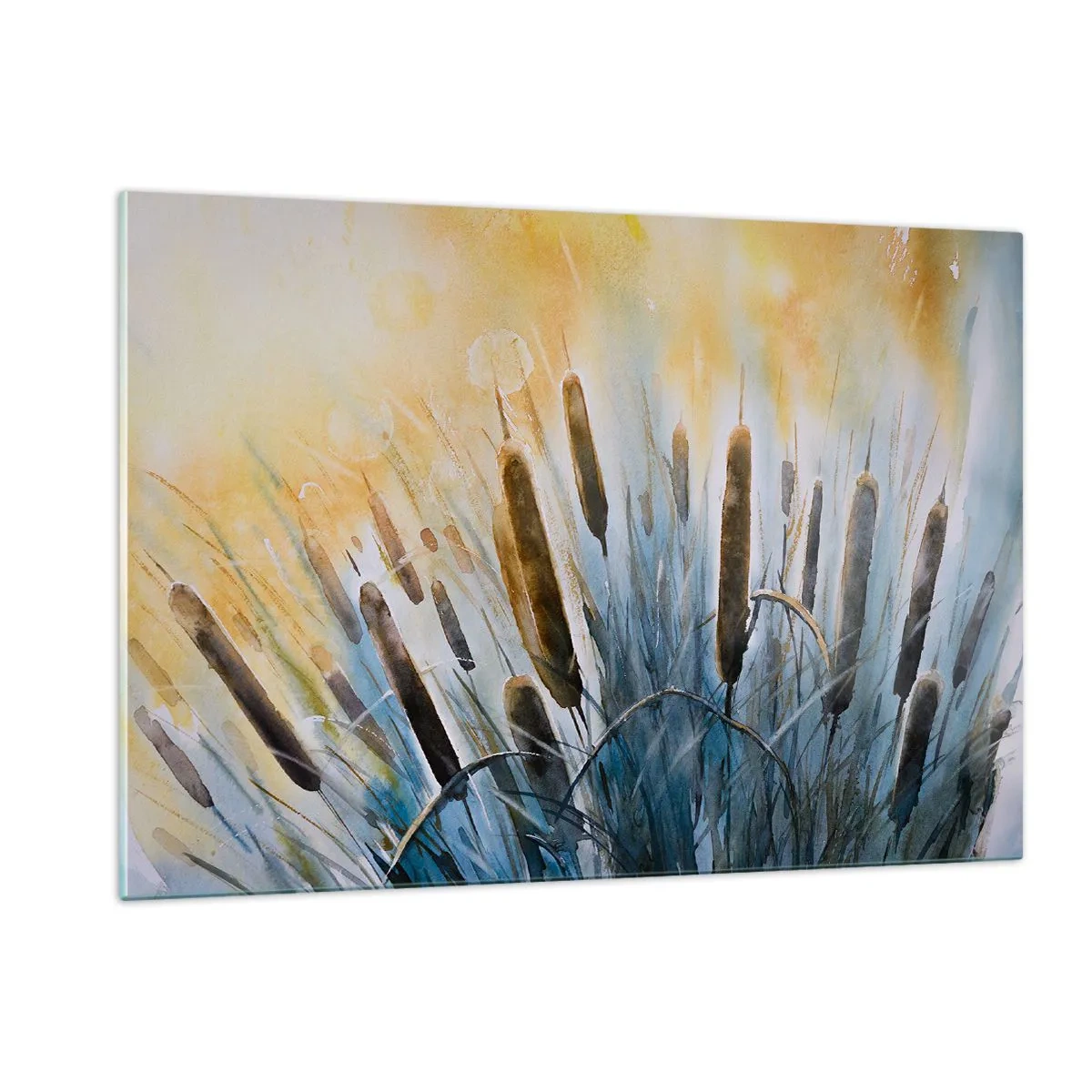 Obraz na szkle - Malowane pałki wodne na tle słonecznego nieba - 120x80cm - Chłód wody, słońca żar - Nowoczesna dekoracja ścienna do salonu, kuchni i sypialni ARTTOR