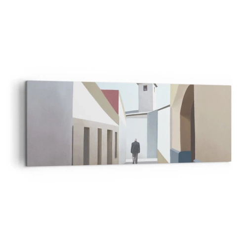 Obraz na płótnie - Minimalistyczna uliczka z sylwetką mężczyzny w tle - 140x50cm - Słoneczny spacer - Nowoczesna dekoracja ścienna do salonu i sypialni ARTTOR