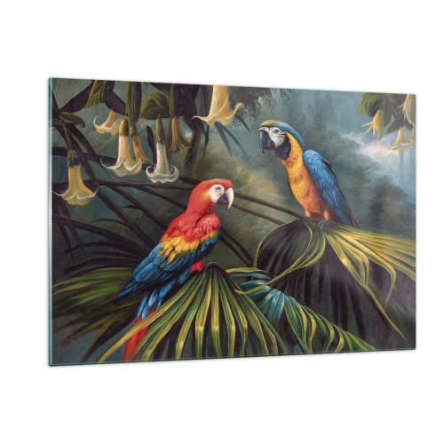 Obraz na szkle - Dwa kolorowe papugi na tle tropikalnej dżungli - 120x80cm - Romantyzm w tropikach - Nowoczesna dekoracja ścienna do salonu, kuchni i sypialni ARTTOR