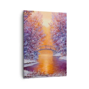 Obraz na płótnie - Zimowy krajobraz z mostem nad rzeką o zachodzie słońca - 50x70cm - Spotkajmy się tu - Nowoczesna dekoracja ścienna do salonu, kuchni i sypialni ARTTOR