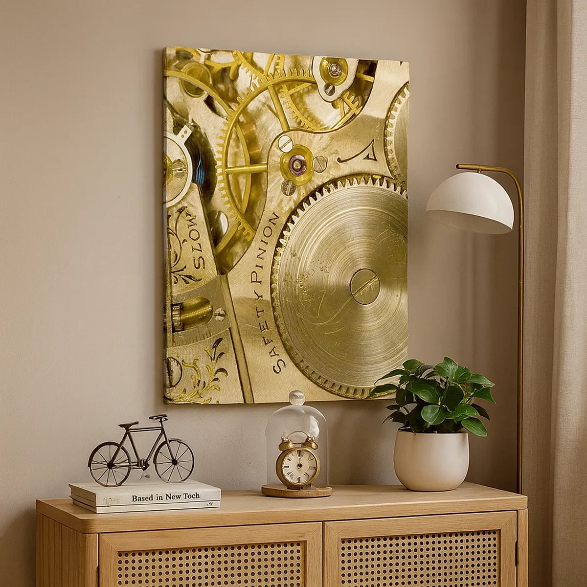 Obraz na płótnie - Zbliżenie na mechanizm zegarka w złotych odcieniach - 50x70cm - Idź z duchem czasu - Nowoczesna dekoracja ścienna do salonu, kuchni i sypialni ARTTOR