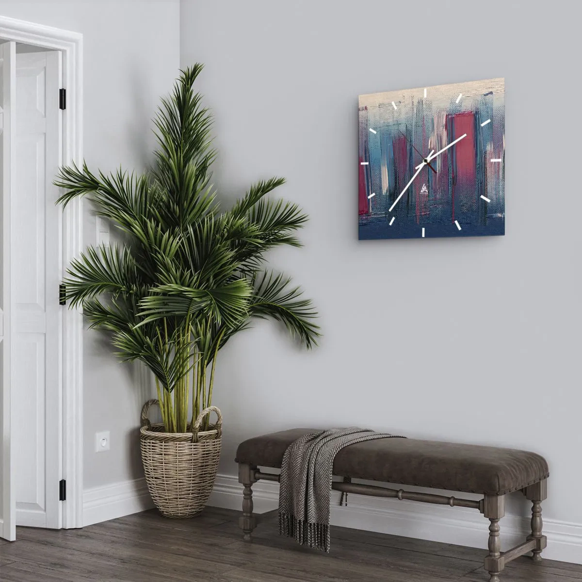 Zegar ścienny - Abstrakcyjne pionowe formy w odcieniach błękitu i czerwieni - 30x30cm - Kompozycja wertykalna w błękicie i czerwieni - Nowoczesna dekoracja ścienna do salonu i sypialni ARTTOR