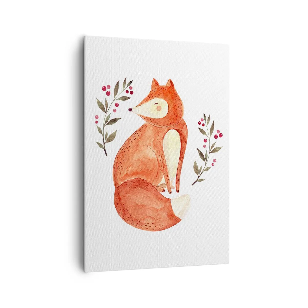 Obraz na płótnie - Akwarelowy lis w otoczeniu gałązek z jagodami - 70x100cm - Mały rudzielec - Nowoczesna dekoracja ścienna do salonu i sypialni ARTTOR