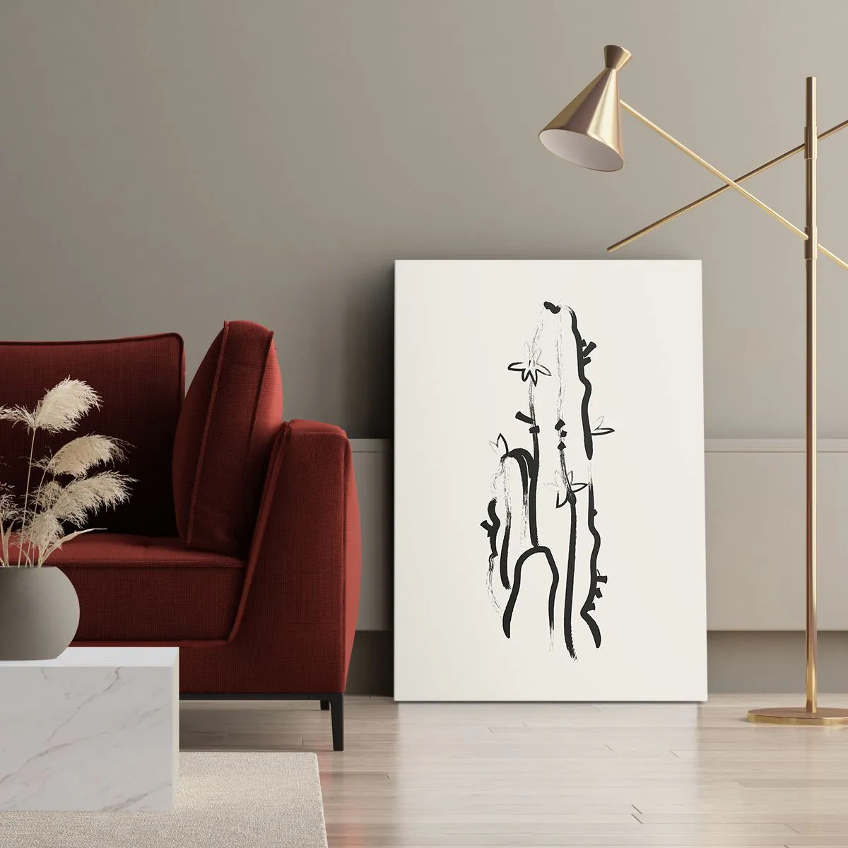 Obraz na płótnie - Czarno-biała grafika kaktusa z kwiatami w stylu line art - 70x100cm - Kwitnące zioło - Nowoczesna dekoracja ścienna do salonu i sypialni ARTTOR