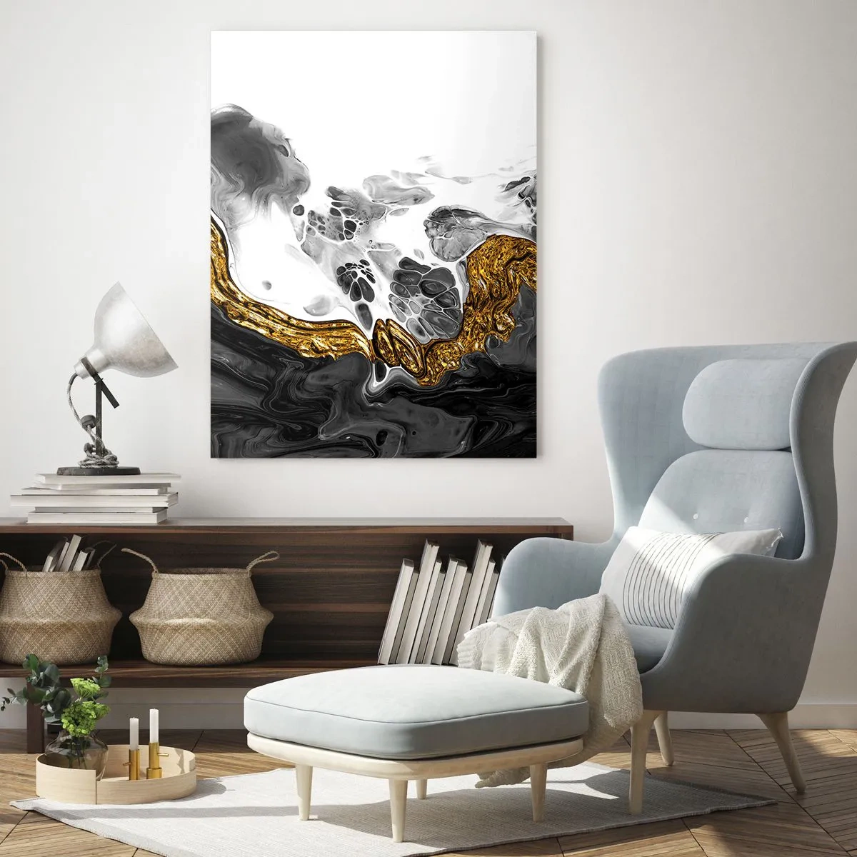 Obraz na szkle - Abstrakcyjna kompozycja czerni, bieli i złota - 50x70cm - Kompozycja organiczna - Nowoczesna dekoracja ścienna do salonu, kuchni i sypialni ARTTOR