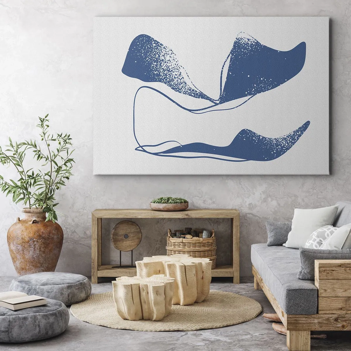 Obraz na płótnie - Abstrakcyjne formy w błękitnych odcieniach na białym tle - 70x50cm - Abstrakcja uskrzydlona - Nowoczesna dekoracja ścienna do salonu i sypialni ARTTOR