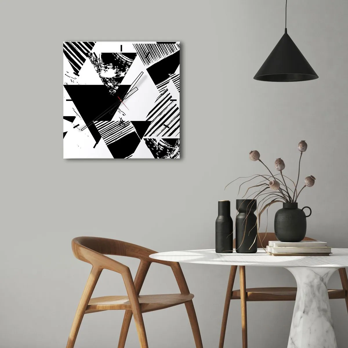 Zegar ścienny - Geometryczne wzory w czarno-białej minimalistycznej formie - 30x30cm - Deszcz trójkątów - Nowoczesna dekoracja ścienna do salonu i sypialni ARTTOR