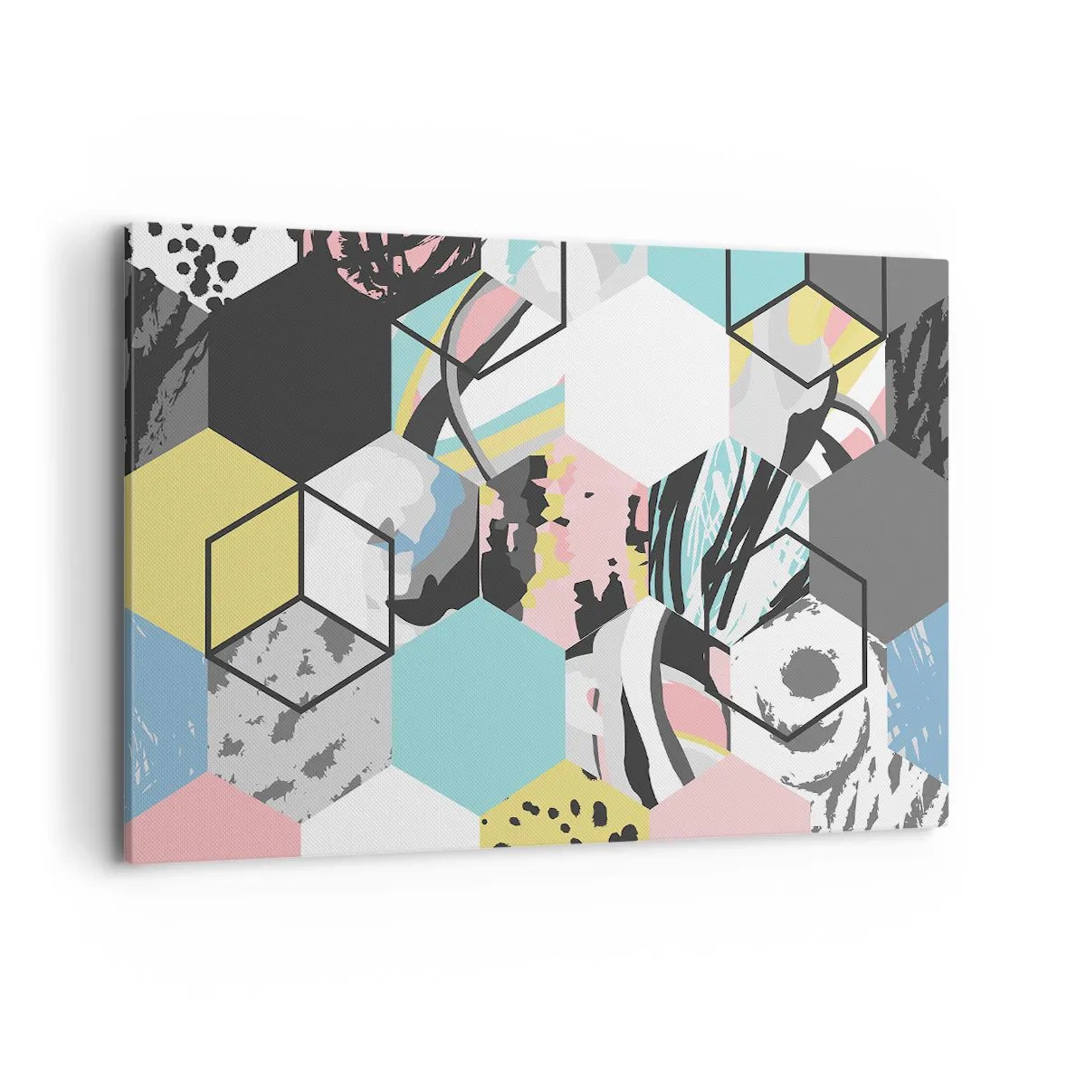 Obraz na płótnie - Geometryczny wzór heksagonów z kolorowymi abstrakcyjnymi detalami - 120x80cm - Sześciokąty i sześciany w sześciu barwach - Nowoczesna dekoracja ścienna do salonu, kuchni i sypialni ARTTOR