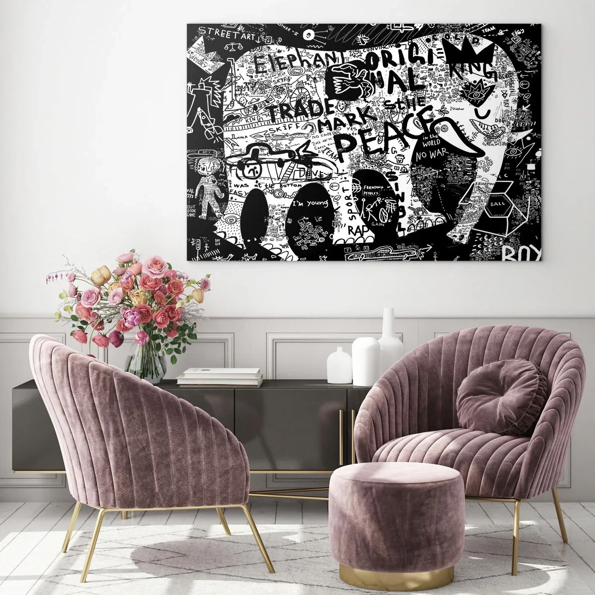 Obraz na szkle - Czarno-biały obraz graffiti z motywami pokoju i wolności - 120x80cm - Bogaty świat ulicy - Nowoczesna dekoracja ścienna do salonu, kuchni i sypialni ARTTOR