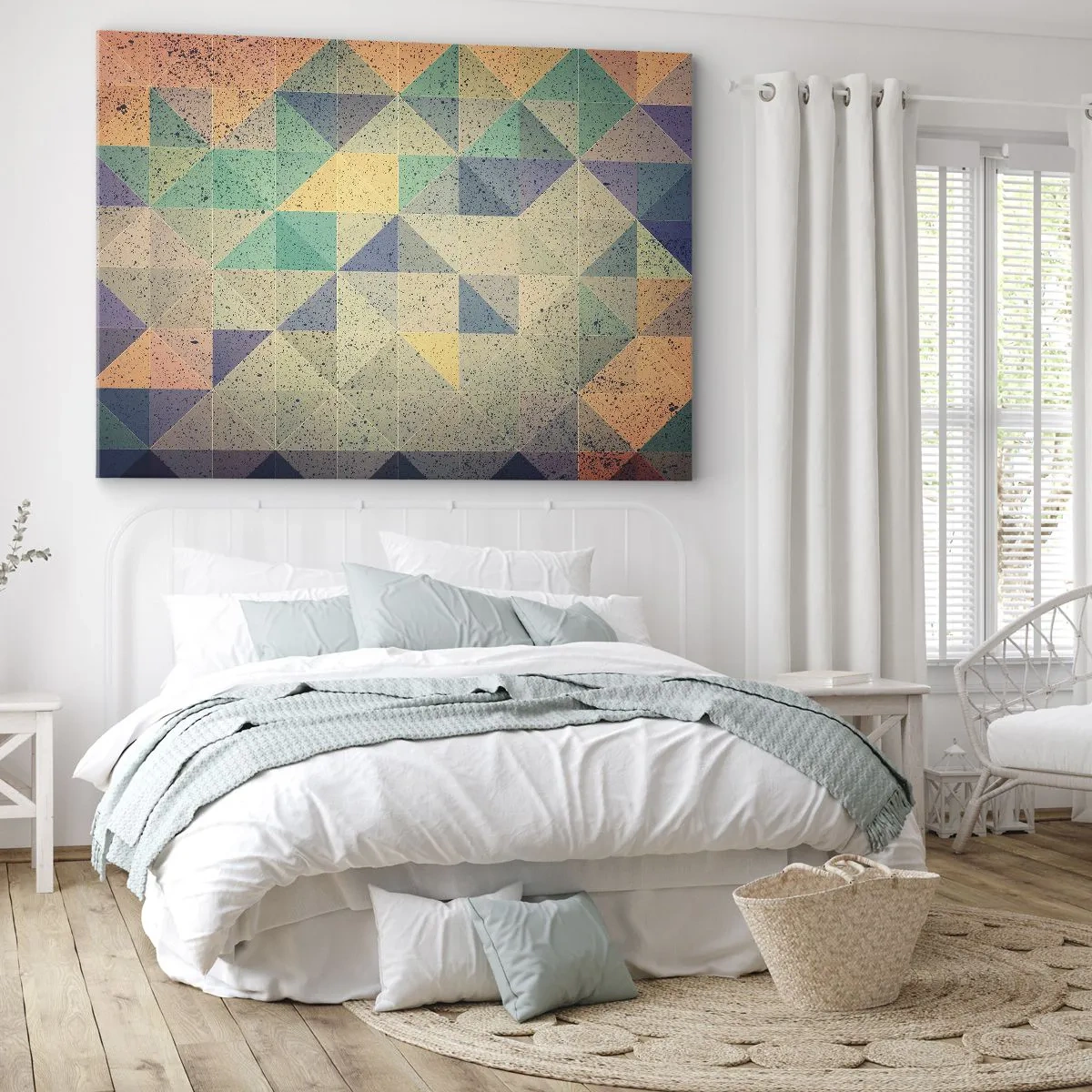 Obraz na płótnie - Kolorowa kompozycja geometrycznych trójkątów w pastelowych odcieniach - 70x50cm - Republika trójkątów - Nowoczesna dekoracja ścienna do salonu i sypialni ARTTOR