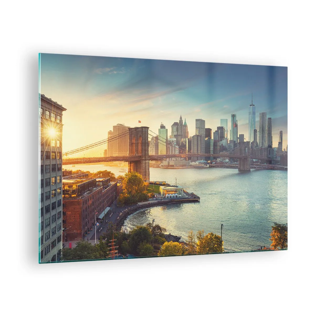 Obraz na szkle - Panorama Nowego Jorku z mostem Brooklyn - 70x50cm - Wielkomiejski świt - Nowoczesna dekoracja ścienna do salonu i sypialni ARTTOR