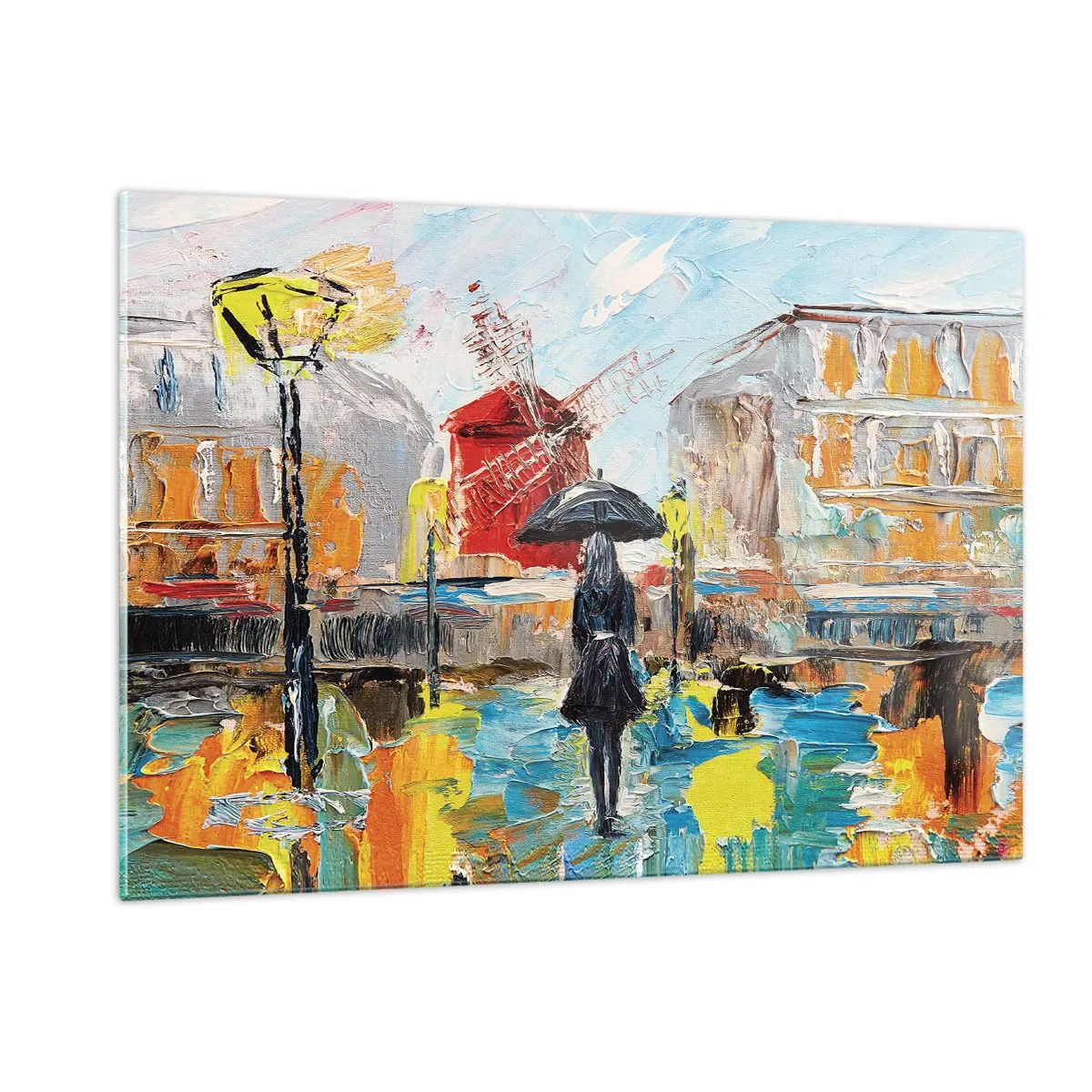 Obraz na szkle - Kobieta z parasolem na tle miasta w stylu impresji - 120x80cm - Paryskie legendy - Nowoczesna dekoracja ścienna do salonu, kuchni i sypialni ARTTOR