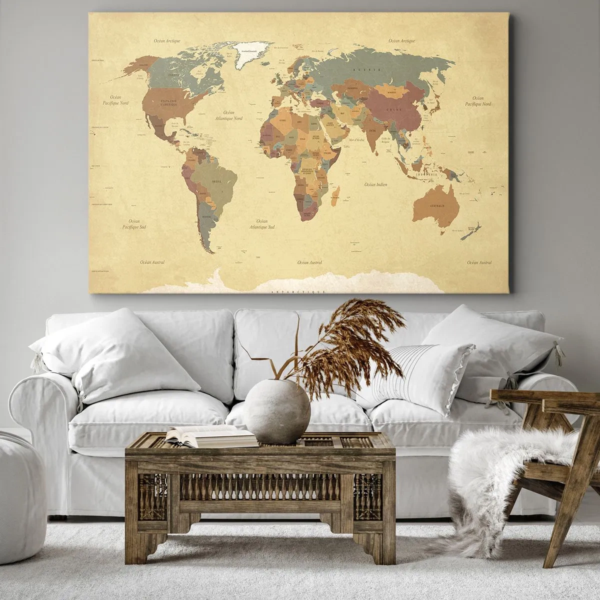 Obraz na płótnie - Stylizowana mapa świata w odcieniach beżu i pastelowych kolorów - 70x50cm - Dla ciebie - cały świat - Nowoczesna dekoracja ścienna do salonu i sypialni ARTTOR