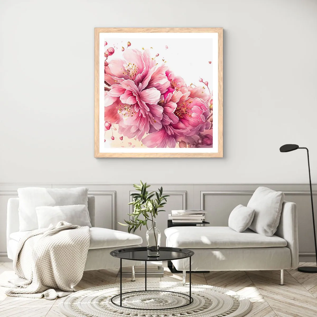 Plakat w ramie jasny dąb - Kwiat kwitnącej wiśni - 30x30 cm