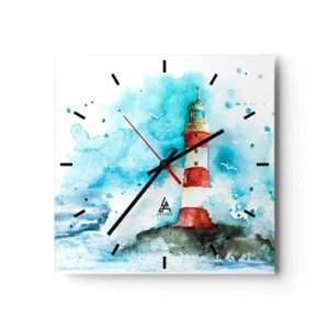 Zegar ścienny - Latarnia morska w akwarelowej scenerii z błękitnym tłem - 30x30cm - Jedność żywiołów - Nowoczesna dekoracja ścienna do salonu i sypialni ARTTOR