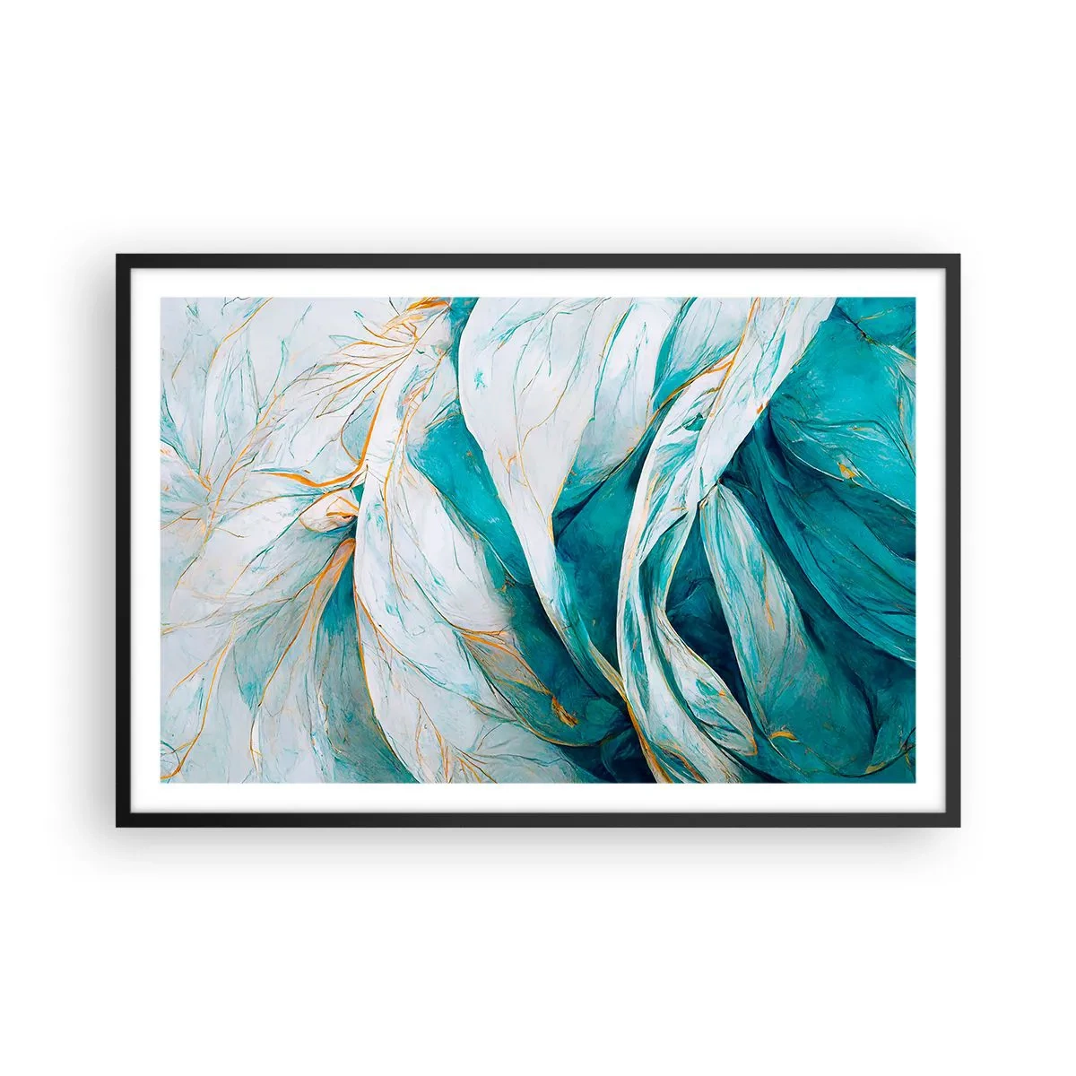 Plakat w czarnej ramie - Błękitna abstrakcja z motywem złota - 91x61 cm