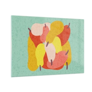 Obraz na szkle - Kolorowe gruszki w stylu graficznym na turkusowym tle - 70x50cm - Spróbuj letniego słońca - Nowoczesna dekoracja ścienna do salonu i sypialni ARTTOR
