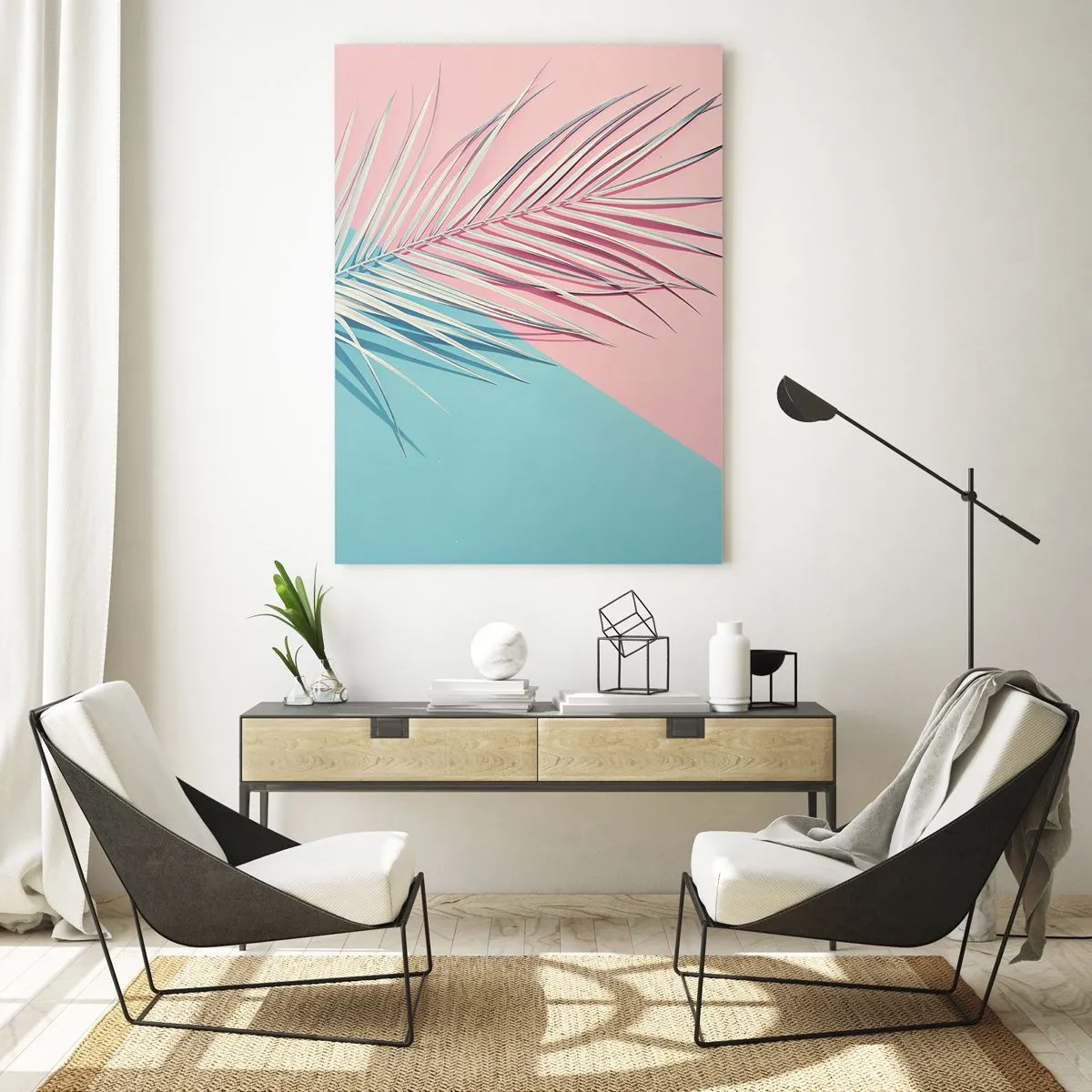 Obraz na szkle - Liść palmy na pastelowym tle w geometrycznej kompozycji - 50x70cm - Tropikalna impresja - Nowoczesna dekoracja ścienna do salonu, kuchni i sypialni ARTTOR