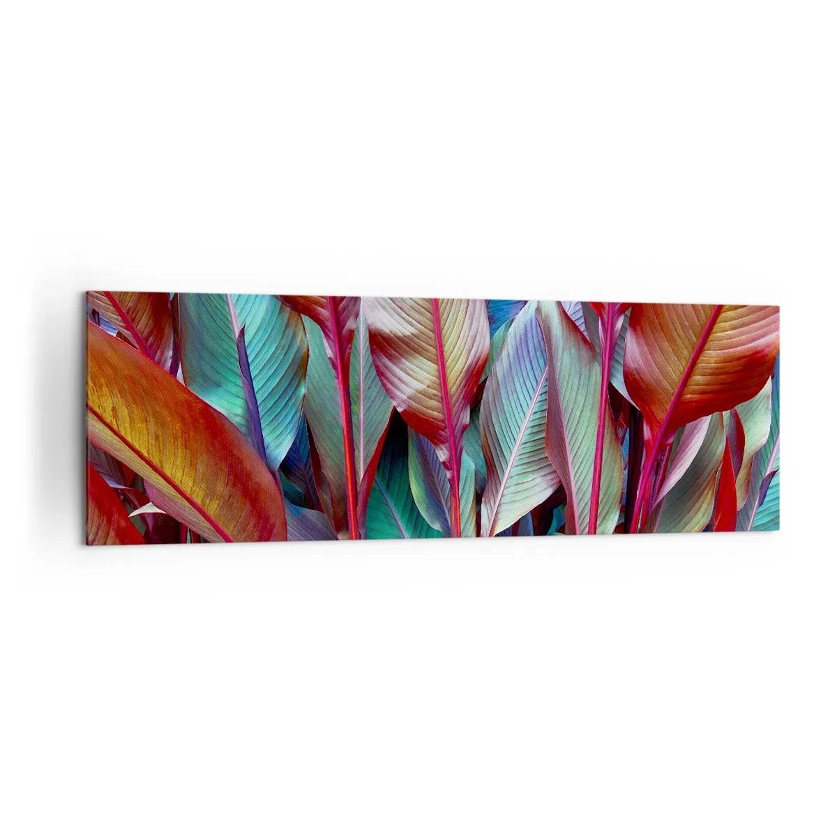 Obraz na płótnie - Kolorowe liście tropikalnych roślin w gąszczu - 160x50cm - Kolorowy gąszcz - Nowoczesna dekoracja ścienna do salonu i sypialni ARTTOR