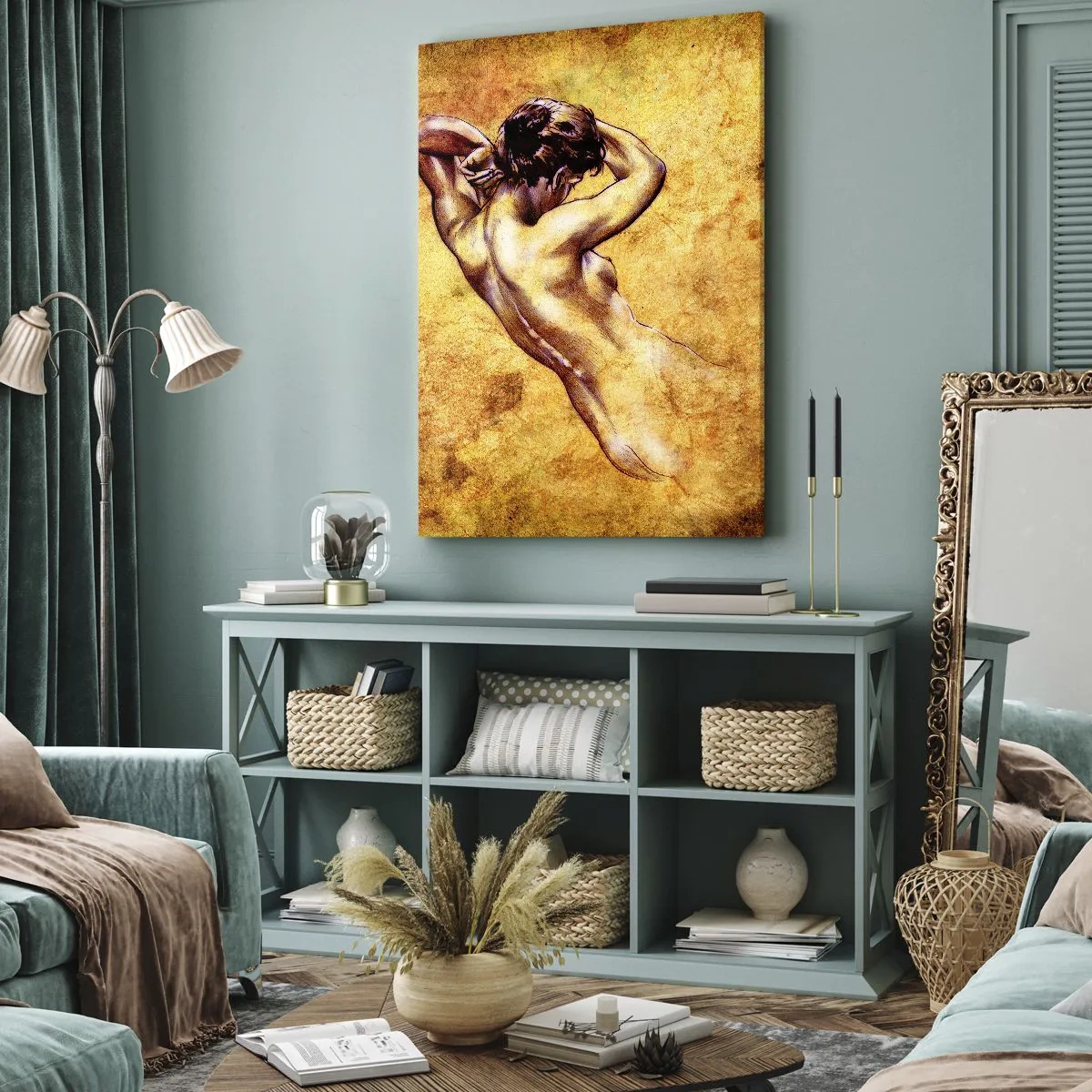Obraz na płótnie - Artystyczny akt na tle w odcieniach złota - 50x70cm - Odkryta, ale wciąż tajemnica - Nowoczesna dekoracja ścienna do salonu, kuchni i sypialni ARTTOR