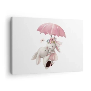 Obraz na płótnie - Urocze króliczki pod różowym parasolem - 70x50cm - To właśnie miłość - Nowoczesna dekoracja ścienna do salonu i sypialni ARTTOR