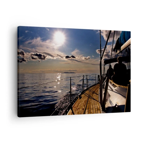 Obraz na płótnie - Rejs jachtem po morzu o zachodzie słońca - 70x50cm - Pod żaglami w stronę słońca - Nowoczesna dekoracja ścienna do salonu i sypialni ARTTOR
