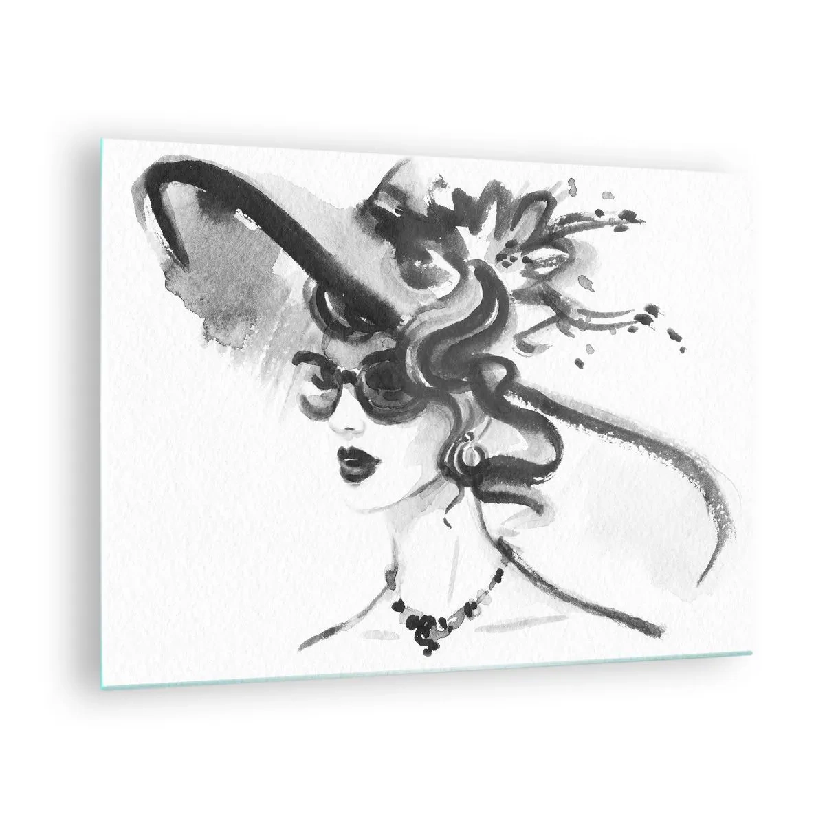 Obraz na szkle - Czarno-biały portret kobiety w kapeluszu - 70x50cm - Dama z charakterem - Nowoczesna dekoracja ścienna do salonu i sypialni ARTTOR
